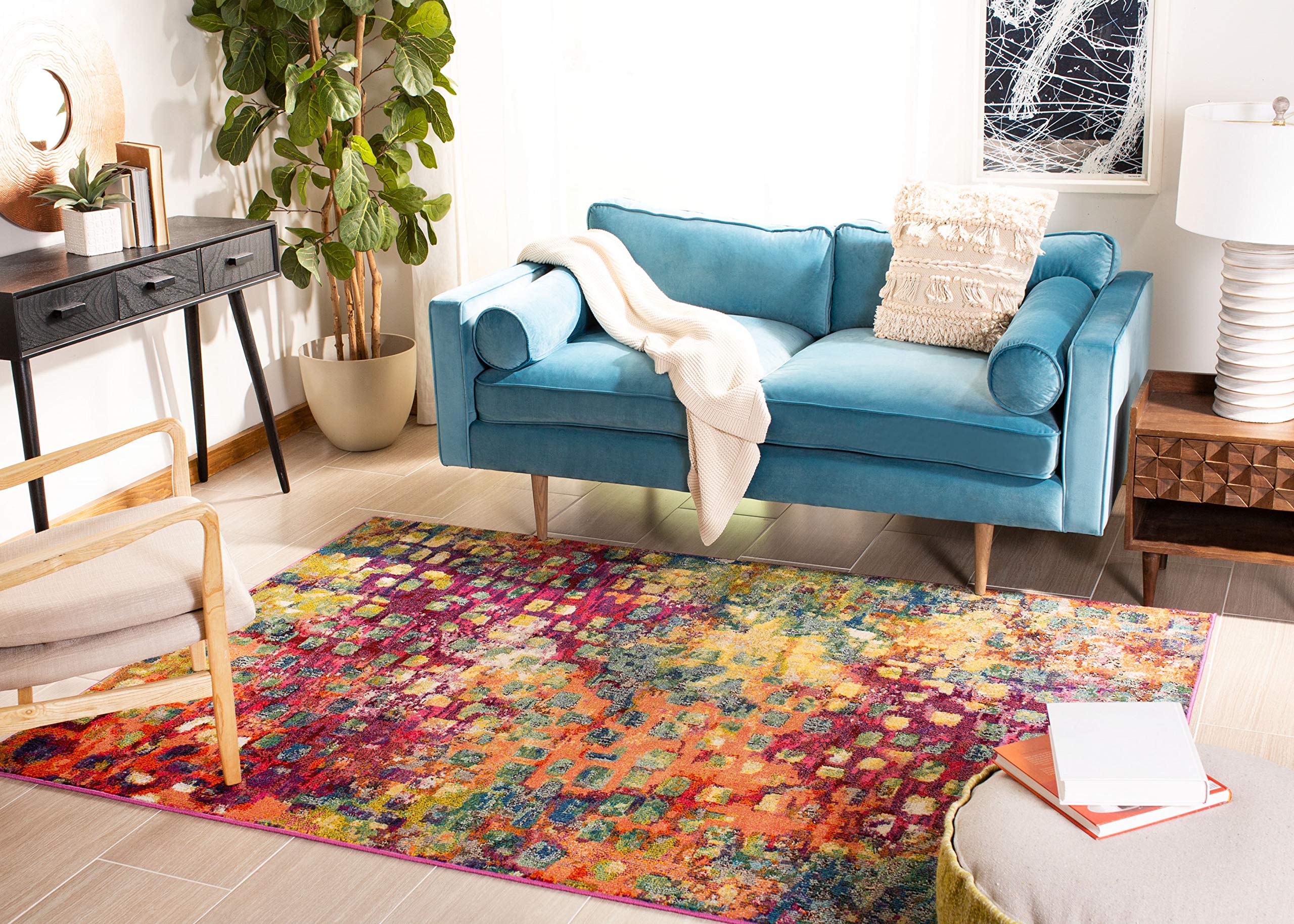 Safavieh Madison Collection Area Rug - 8' X 10', Fuchsia & Gold, Boho Abstract Distressed Design, Non-Shedding & Easy Care, Idea